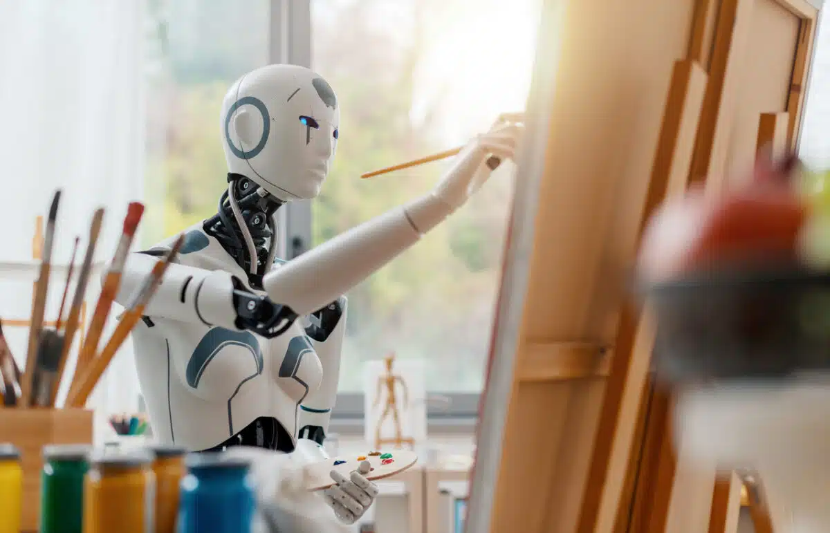 Robot drawing a picture; AI and artificial intelligence