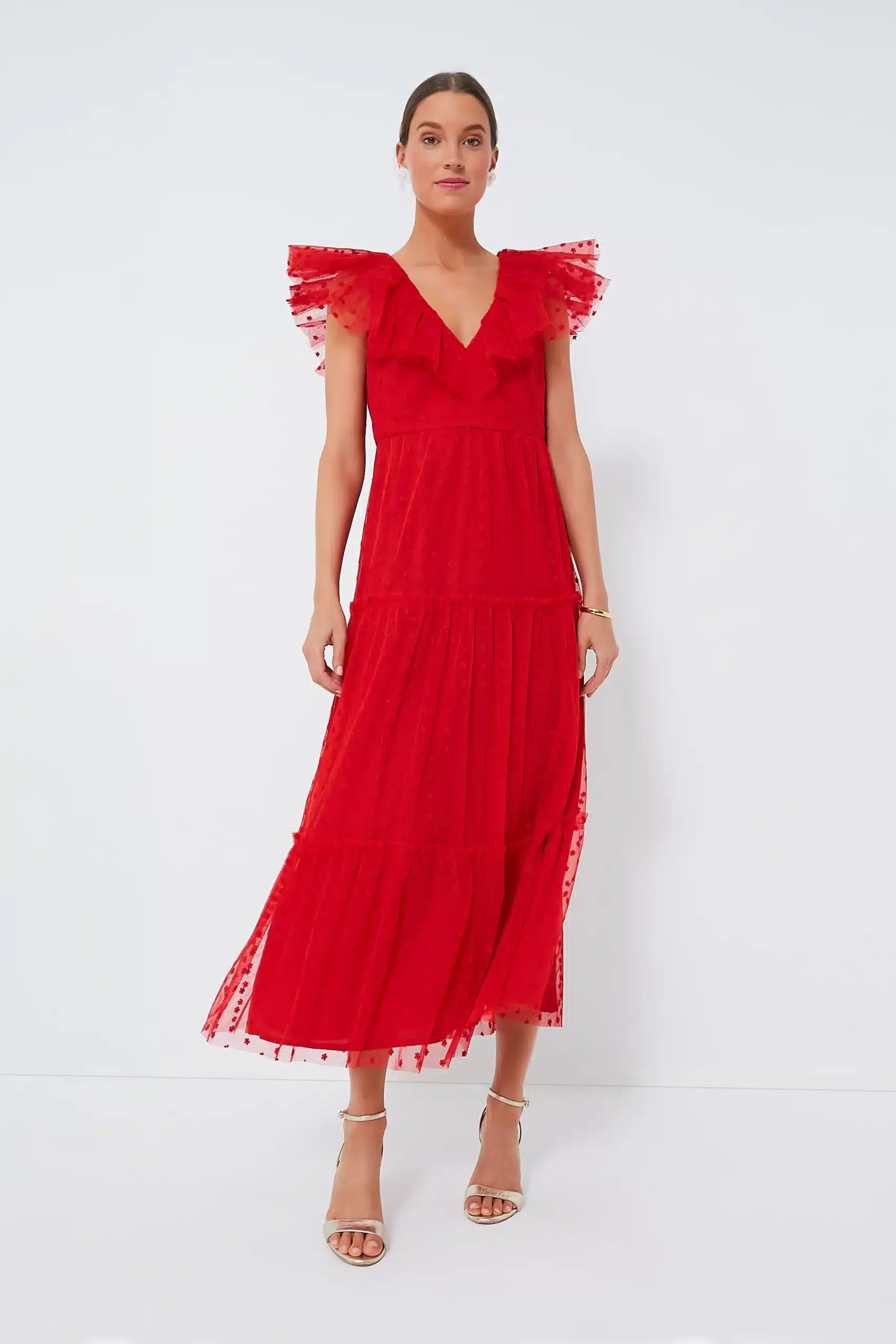 Woman wearing Tuckernuck Red Onyx Tulle Giselle Gown