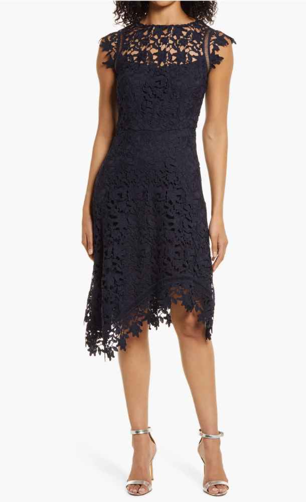 Woman wearing Eliza J Lace Asymmetric Cocktail Dress