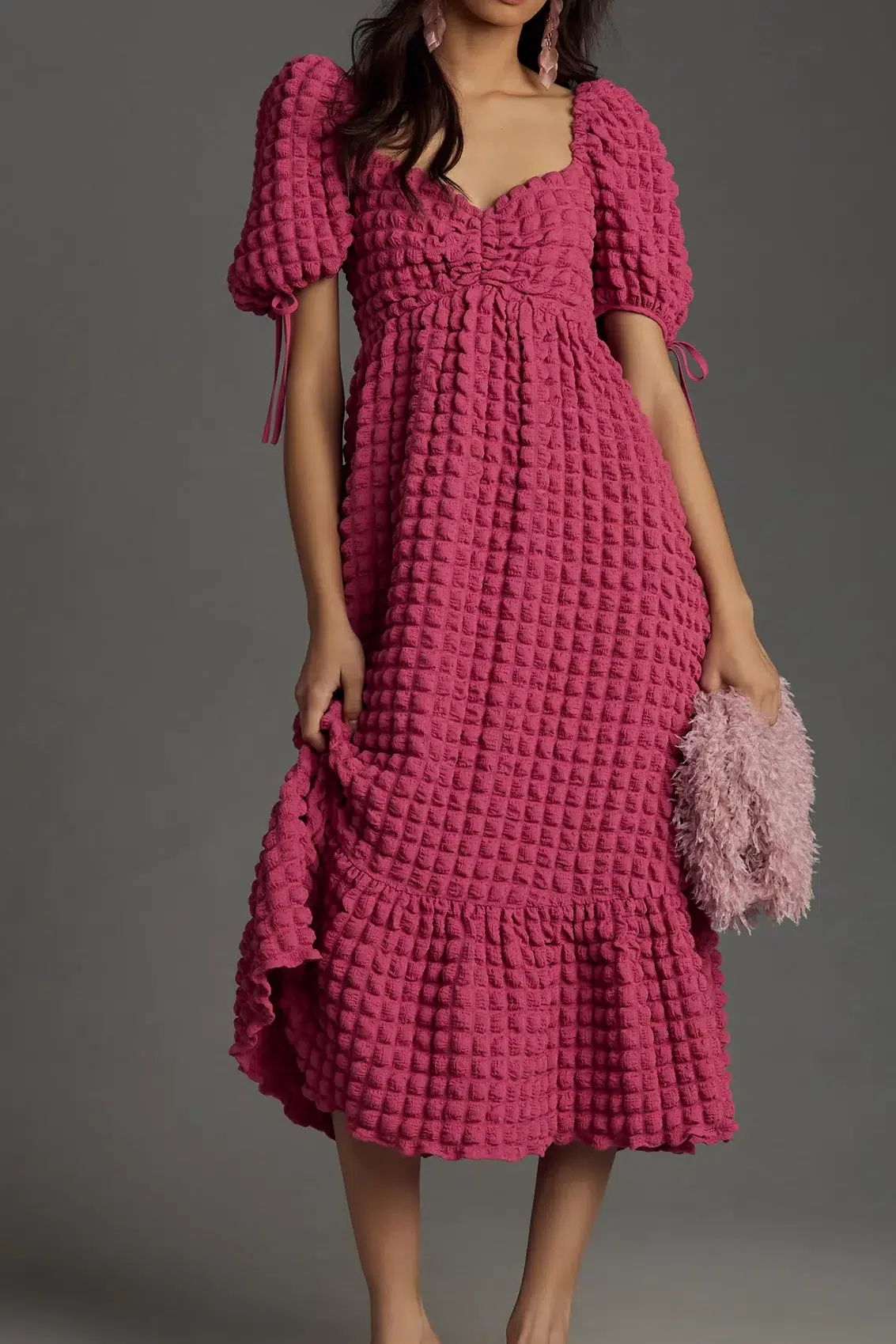 Endless Rose Puff-Sleeve Sweetheart Textured Midi Dress