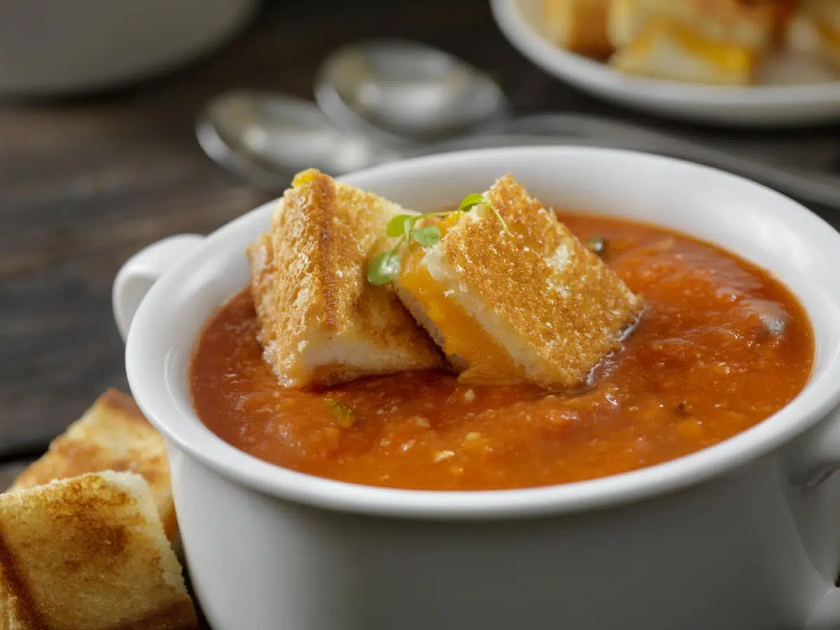 Tomato Basil Soup with Grilled Cheese Croutons