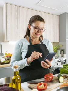 Healthy eating, low calorie recipes, woman cooking