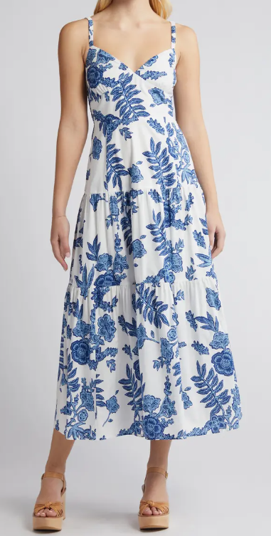 Moon River Floral Tiered Cotton Midi Dress