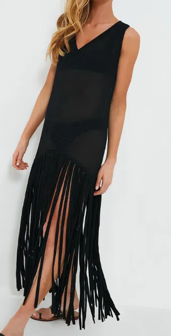 Tuckernuck Black Tricot Fringes Long Dress