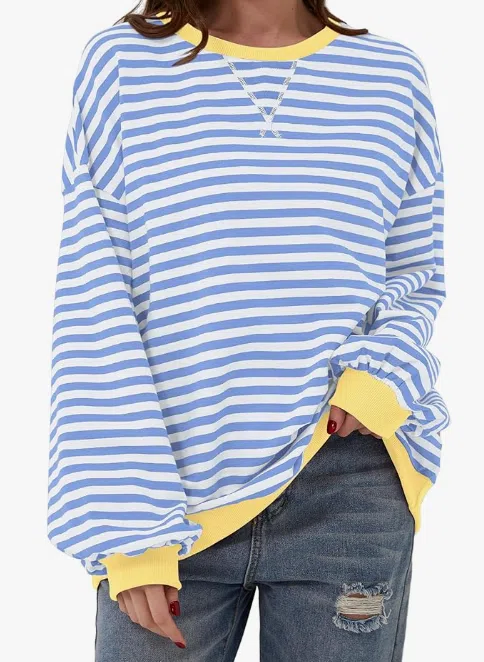 Teriveek Oversized Striped Crew Neck Sweatshirt, (13 Colors) $30.59