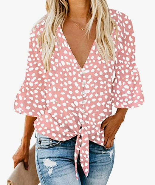 Kancystore Womens Button Down V Neck Tie Knot Front Tops (20 colors) $27.98