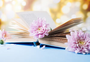 March Book Selection -- Opened old book with chrysanthemum flower on blurred bokeh background
