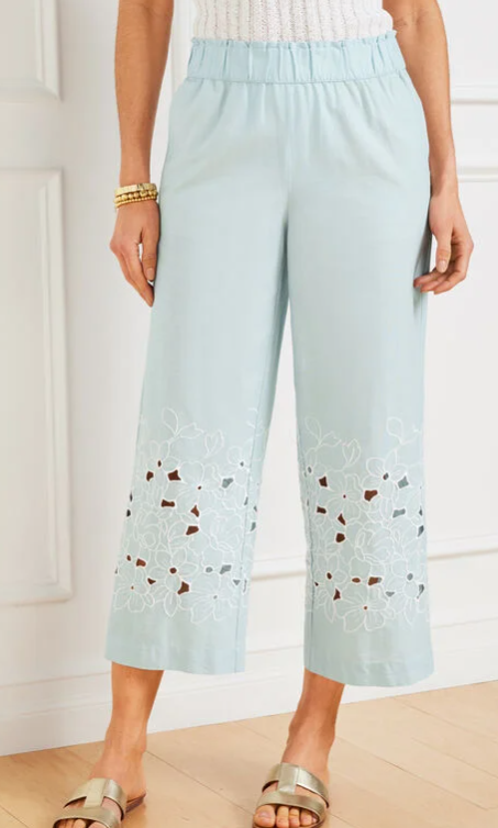 Talbots Wide Crop Pull-On Embroidered Washed Linen Pants