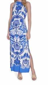 Vince Camuto Printed Halter Neck Sleeveless Belted Maxi A-Line Dress $168