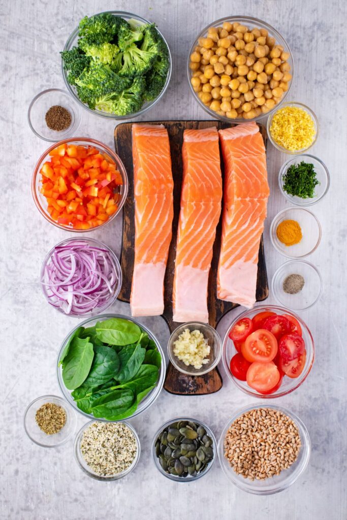 Mediterranean Powerhouse Bowl with Lemon-Herb Salmon and Ancient Grains ingredients