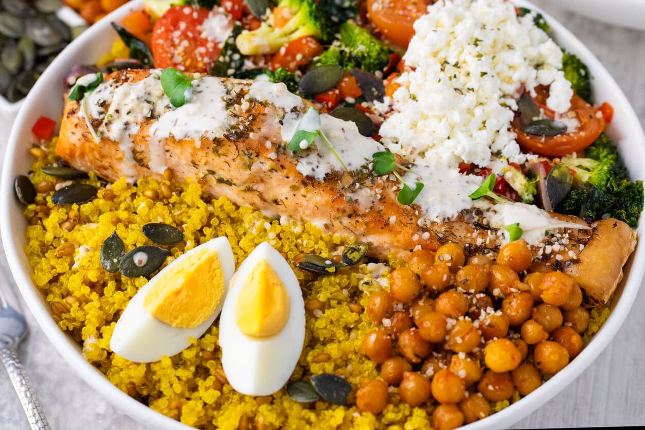 Mediterranean Powerhouse Bowl with Lemon-Herb Salmon and Ancient Grains