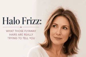 Banner image for Halo Frizz article: a woman with light brown hair looking to the right, beside the headline “Halo Frizz: What those flyaway hairs are really trying to tell you.”