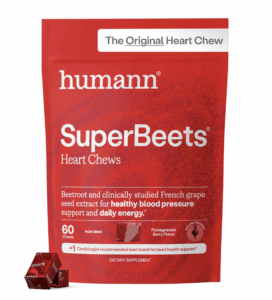 Red Humann SuperBeets Heart Chews package advertising a beetroot-based dietary supplement (60 chews) for heart health and daily energy, with ‘The Original Heart Chew’ label at the top.