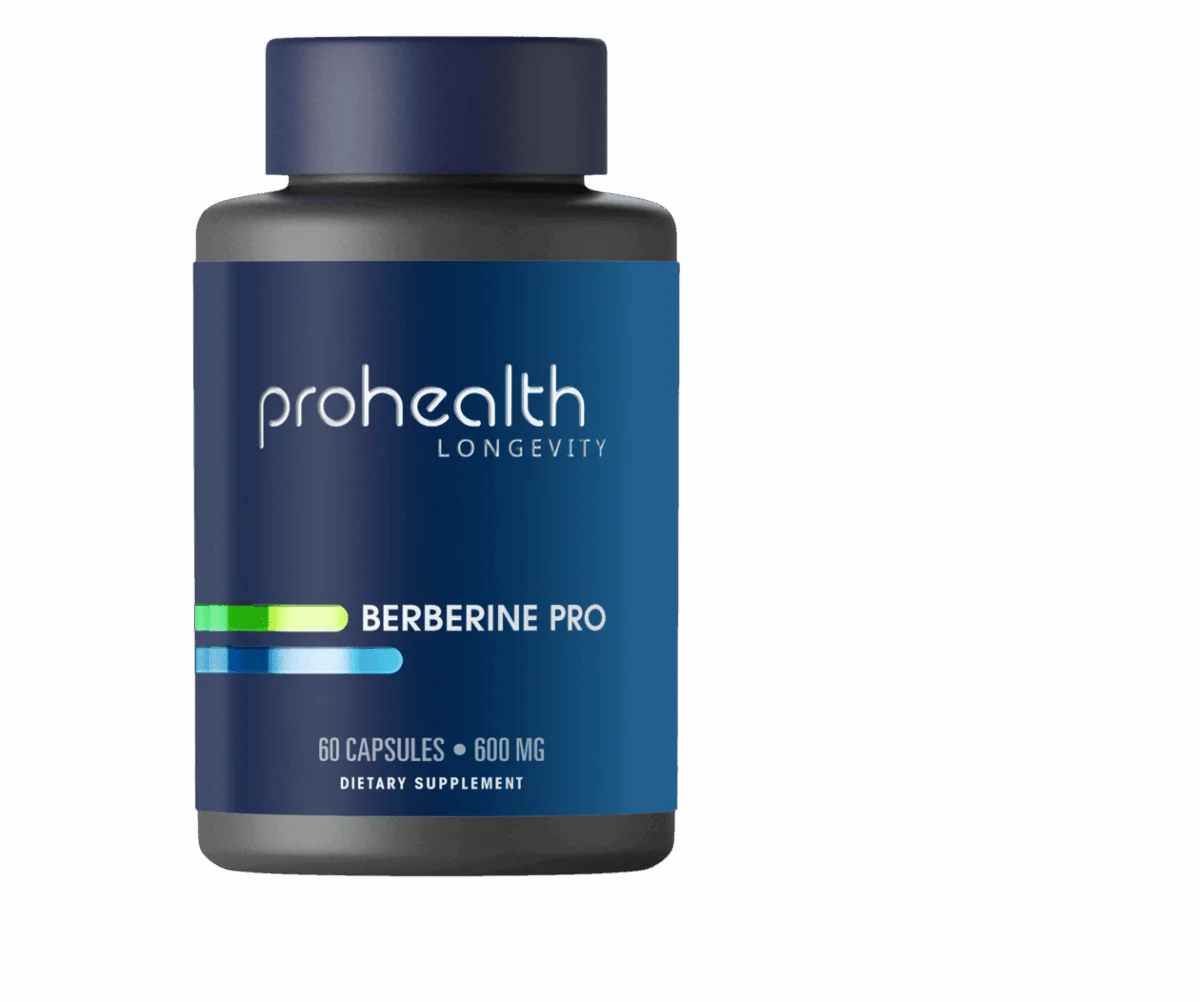 Bottle of ProHealth Longevity Berberine Pro dietary supplement, 60 capsules, 600 mg