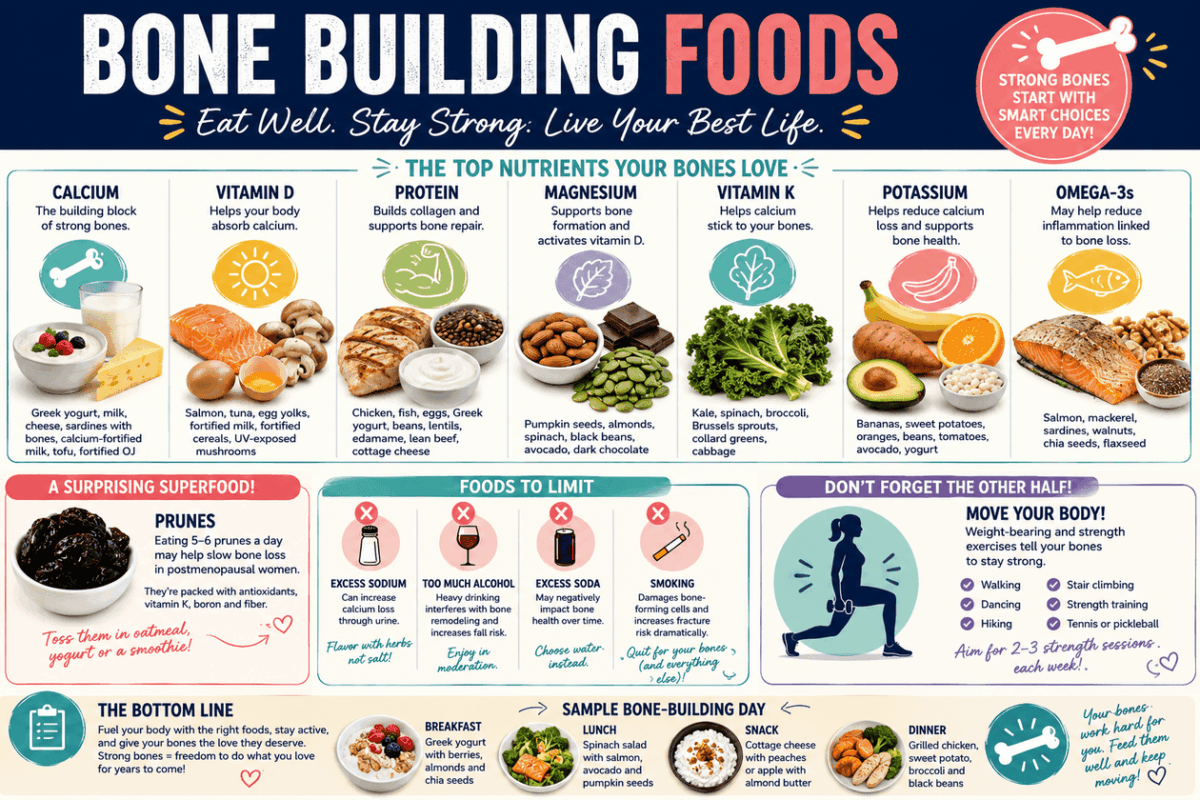Infographic titled 'Bone Building Foods' listing key bone nutrients (calcium, vitamin D, protein, magnesium, vitamin K, potassium, omega-3) with food examples and sections on limits and fitness tips.