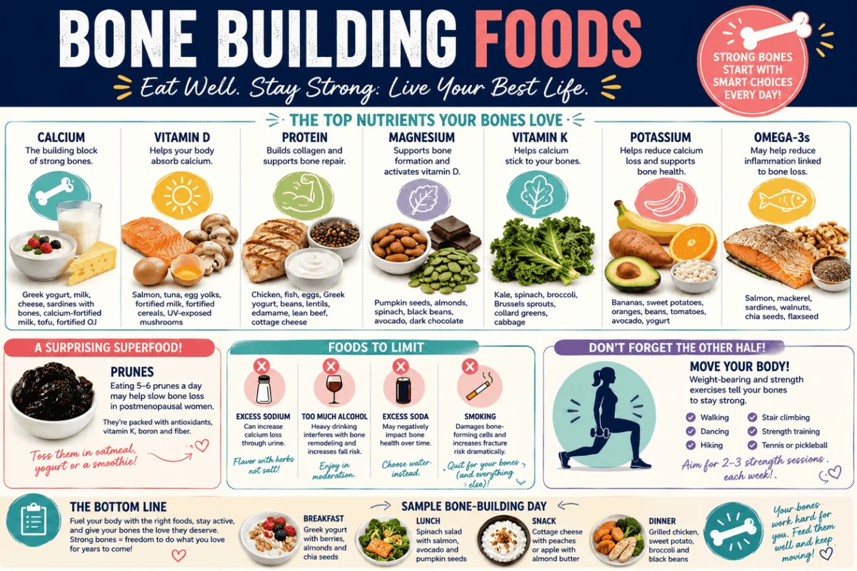 Infographic titled 'Bone Building Foods' listing key bone nutrients (calcium, vitamin D, protein, magnesium, vitamin K, potassium, omega-3) with food examples and sections on limits and fitness tips.