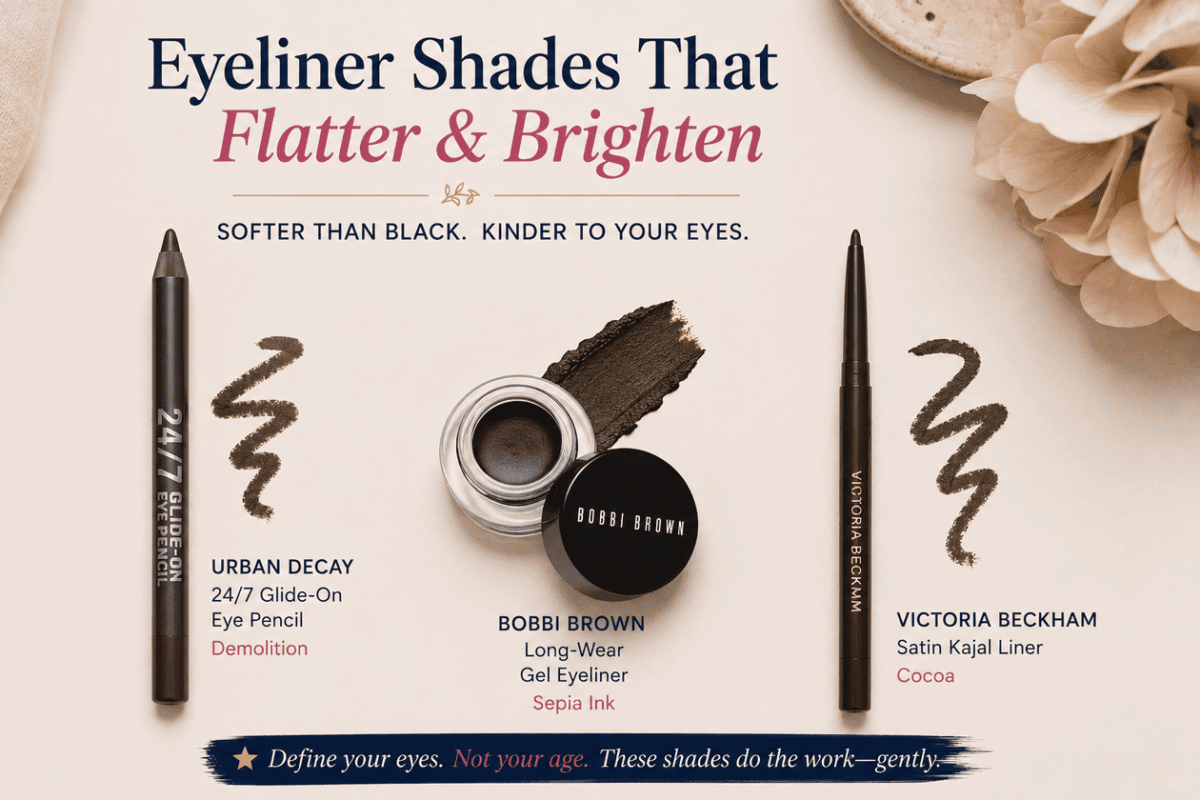 eyeliner shades featuring three products (Urban Decay pencil, Bobbi Brown gel liner, Victoria Beckham liner) with swatches and the headline 'Eyeliner Shades That Flatter & Brighten'.