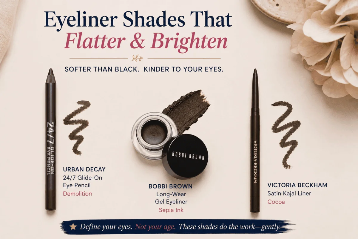 eyeliner shades featuring three products (Urban Decay pencil, Bobbi Brown gel liner, Victoria Beckham liner) with swatches and the headline 'Eyeliner Shades That Flatter & Brighten'.