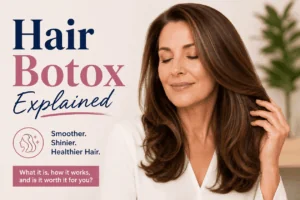 Advertisement banner showing a woman with smooth brown hair and closed eyes, touching her hair; text reads 'Hair Botox Explained' and 'Smoother. Shinier. Healthier Hair.' with a pink box: 'What it is, how it works, and is it worth it for you?'