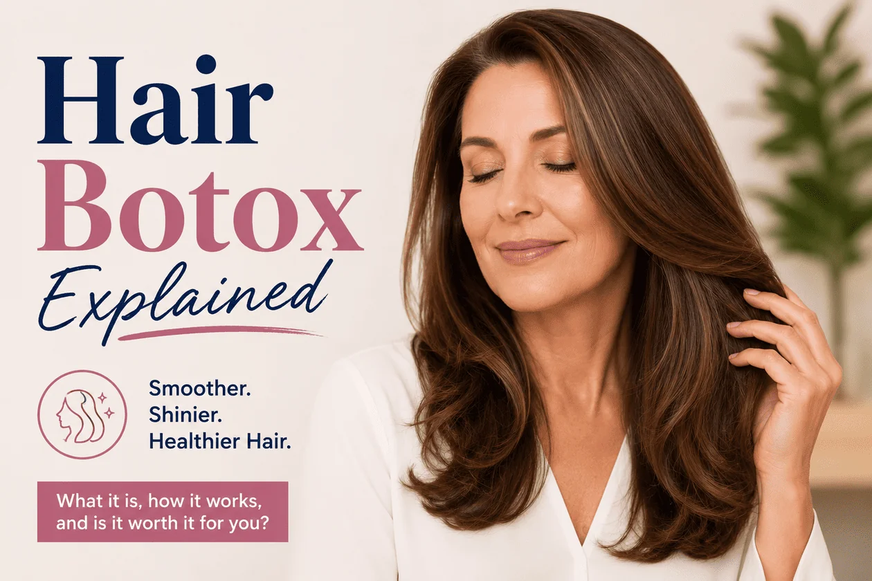 Advertisement banner showing a woman with smooth brown hair and closed eyes, touching her hair; text reads 'Hair Botox Explained' and 'Smoother. Shinier. Healthier Hair.' with a pink box: 'What it is, how it works, and is it worth it for you?'