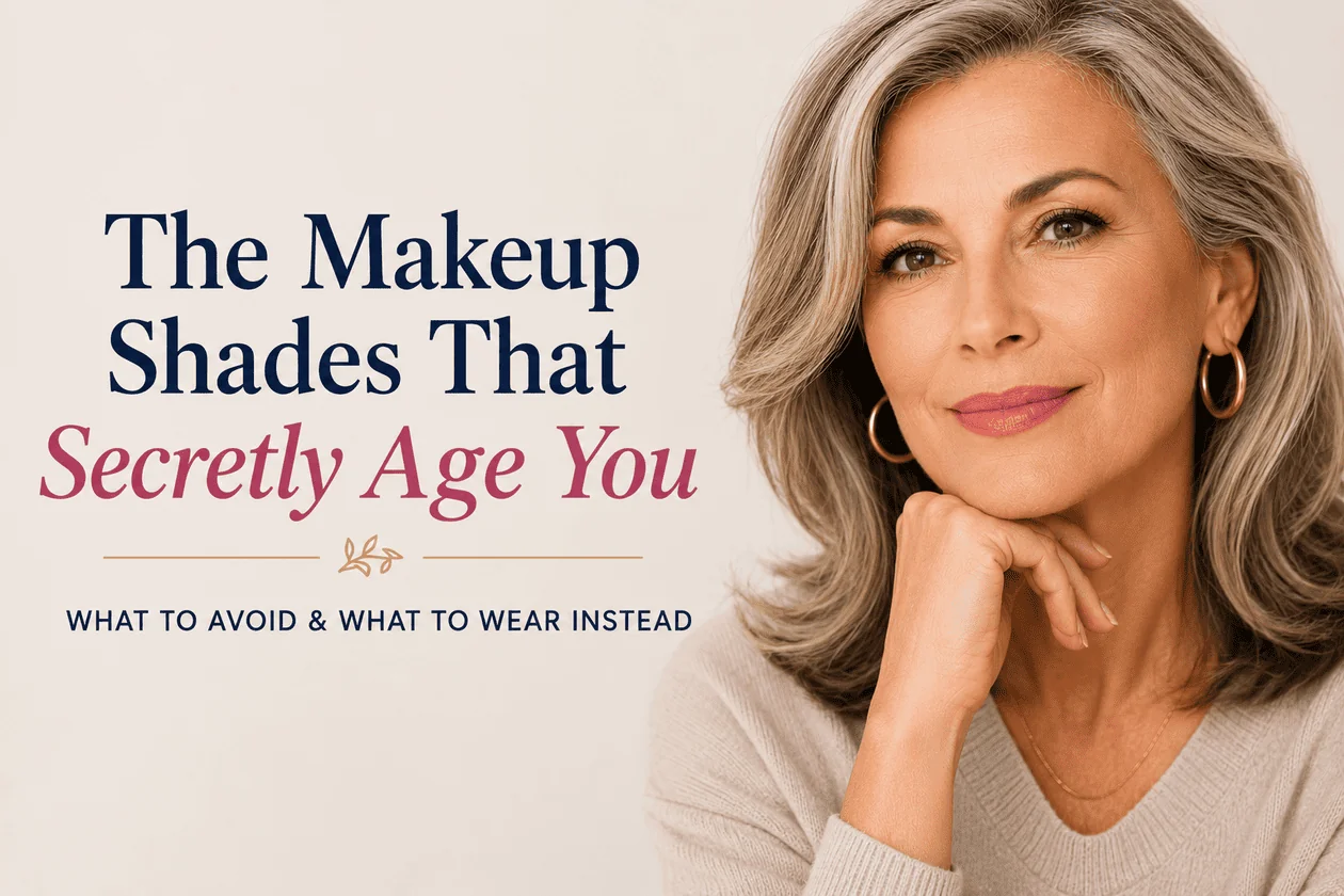 Promotional cover: mature woman resting chin on hand beside the title 'The Makeup Shades That Secretly Age You' with subtitle 'What to avoid & what to wear instead'