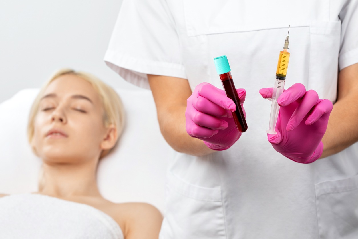 Beautician will do PRP therapy for the face against wrinkles. She has blood plasma for injections and a syringe with plasma in her test tube. Cosmetology in the beauty salon. Platelet-Rich Plasma Facial