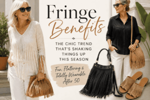 Two stylish women in fringe outfits pose beside a promotional banner that reads 'Fringe Benefits' with the subtitle about fringe trends this season, surrounded by fringe handbags and sandals.