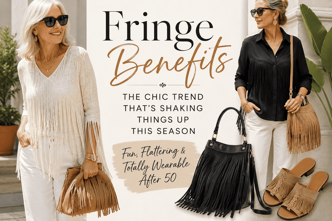 Two stylish women in fringe outfits pose beside a promotional banner that reads 'Fringe Benefits' with the subtitle about fringe trends this season, surrounded by fringe handbags and sandals.