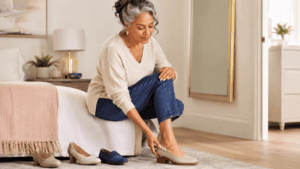 Older woman sits on a bed in a cozy bedroom, trying on beige flats while several other shoes lie nearby on the rug.”,