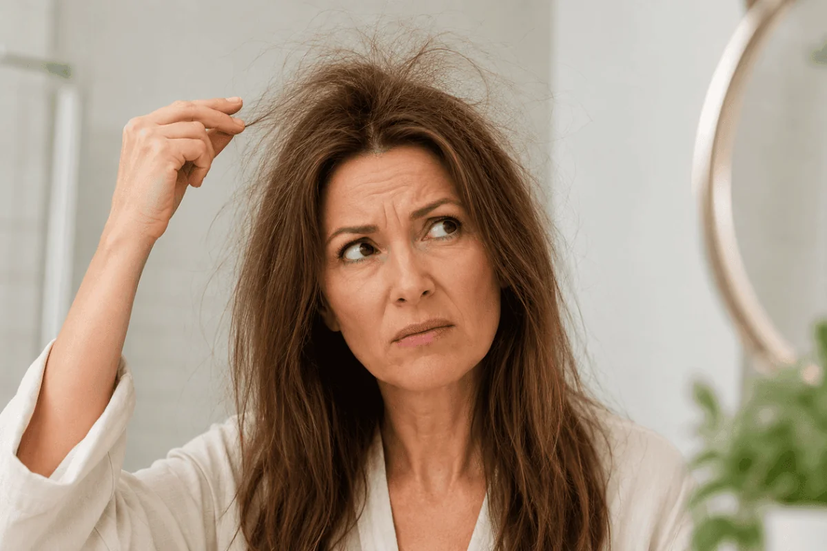 Woman in a bathroom looking at her frizzy, thinning hair in the mirror, touching her hair with a concerned expression.